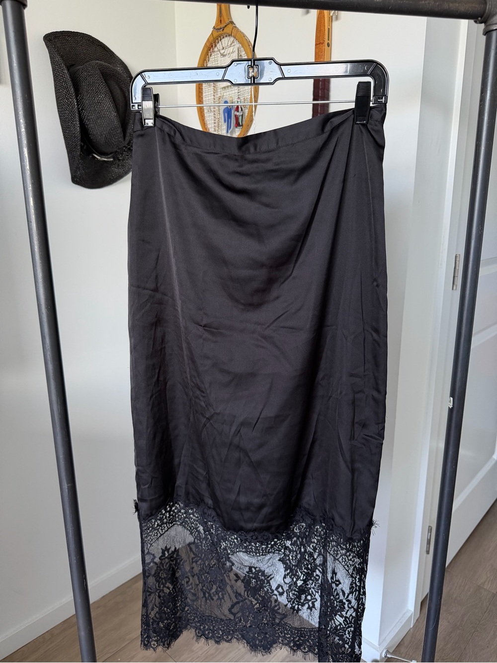 AllSaints Black Midi Skirt with Lace Hem